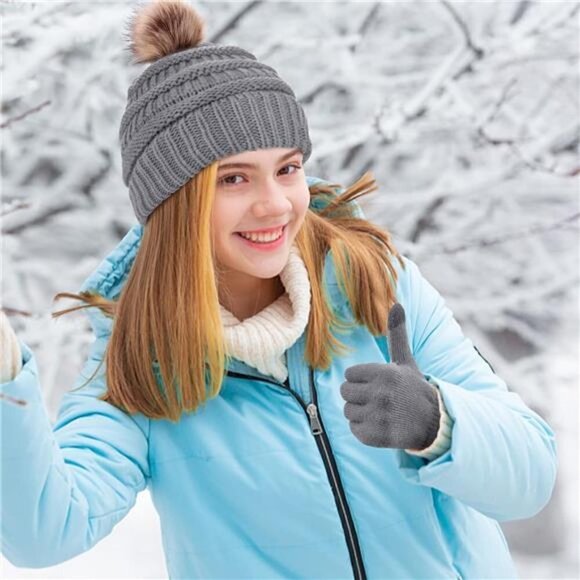 Winter Hat Scarf Touch Screen Gloves Set 3 Pcs Warm Knit Fleece Lined Beanie NEW - Picture 3 of 5